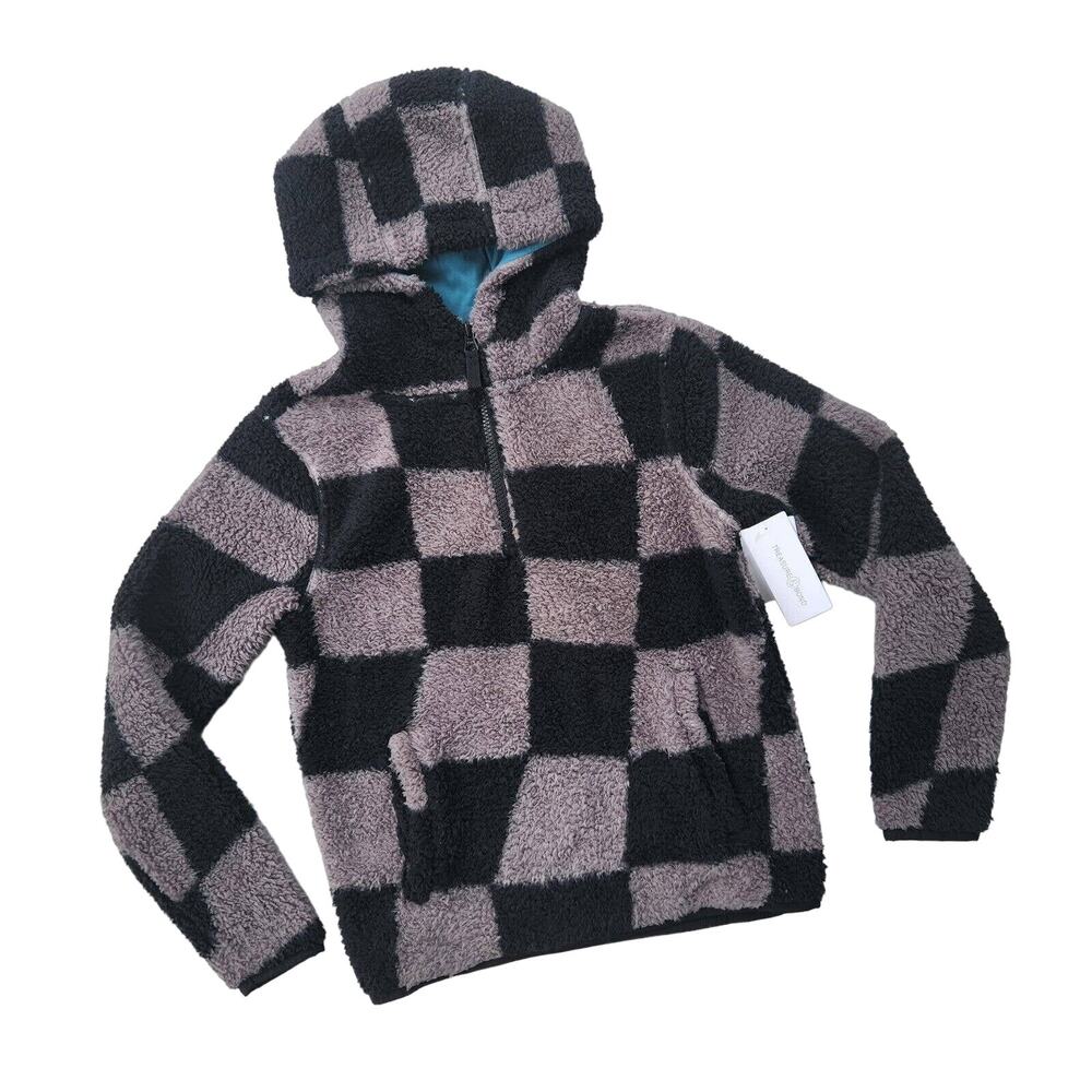 Treasure & Bond Black and Gray Checkered Sherpa Hoodie